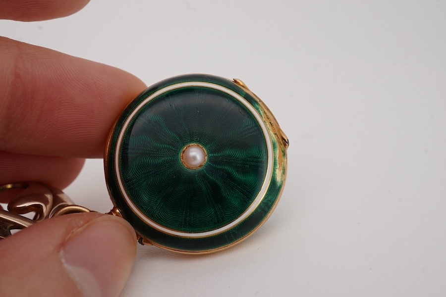 An early 20th century 18ct gold and two colour enamel open faced fob watch(enamel a.f.), with Arabic dial, case diameter 27mm, suspended from a Murrle Bennett & Co 9ct brooch. Condition - poor to fair